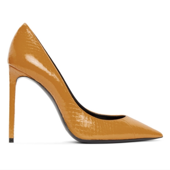SAINT LAURENT Zoe 105 Croc Snakeskin Embossed Leather Pump 38 Yellow Cream + Box - Picture 1 of 11
